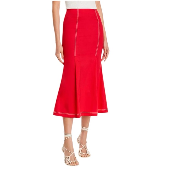 Misook Contrast Stitch Woven Trumpet Midi Skirt Sz M Red Retro Feminine NWT